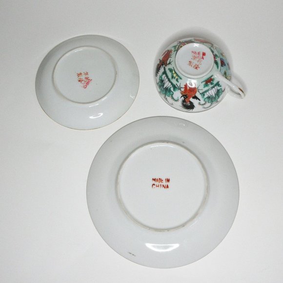 Antique Porcelain Tea Trio Rooster Pattern - Picture 6 of 9